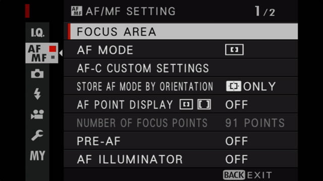 fujifilm af menu settings