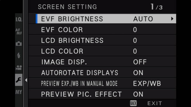 fujifilm screen setting menu