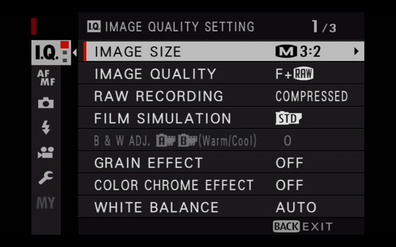 x-t30 image quality menu