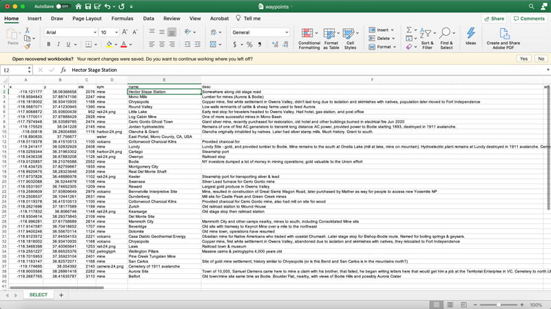 excel waypoints