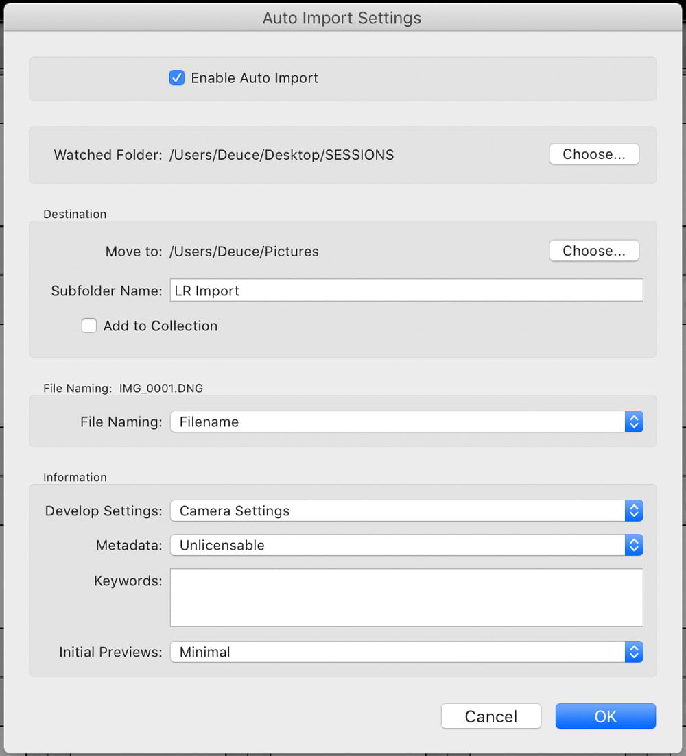 lightroom auto import tether menu