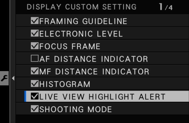 live view highlight alert setting