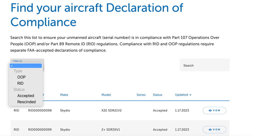 faa declaration of compliance filter