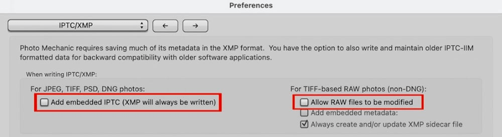 photo mechanic iptc xmp preferences