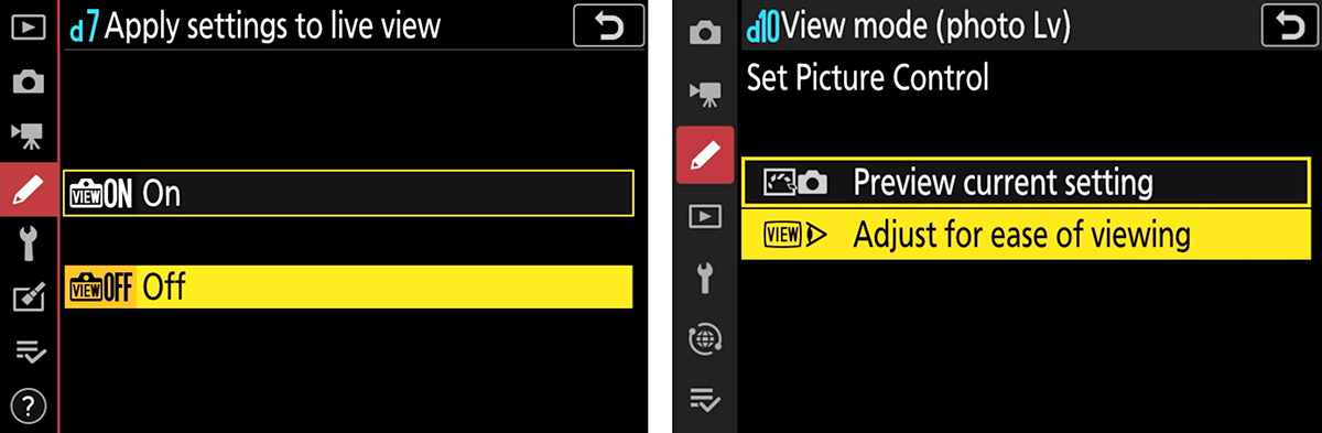 apply settings to live view and view mode menus